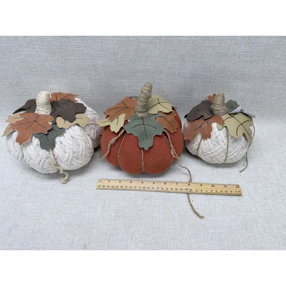 Set of 3 Fabric Pumpkins Fall Decor Cable Knit Orange‎ Cream Rustic Thanksgiving